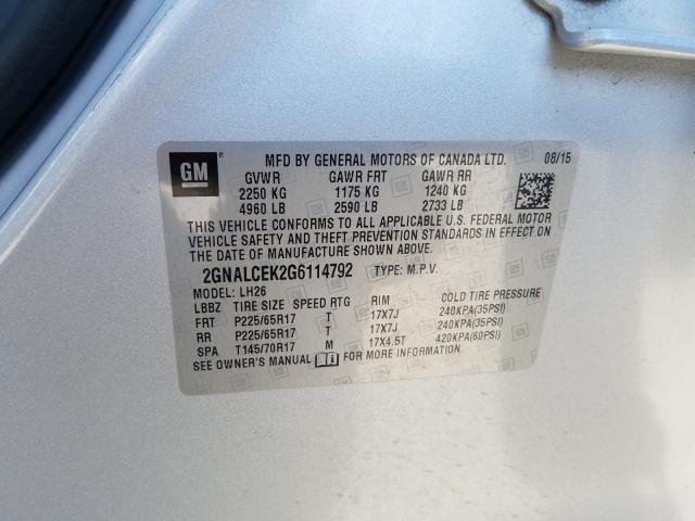 2016 CHEVROLET EQUINOX LT 2GNALCEK2G6114792