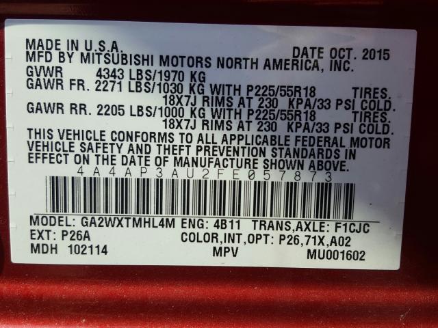 2015 MITSUBISHI OUTLANDER 4A4AP3AU2FE057873