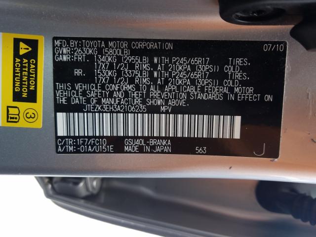 2010 TOYOTA HIGHLANDER JTEZK3EH3A2106235