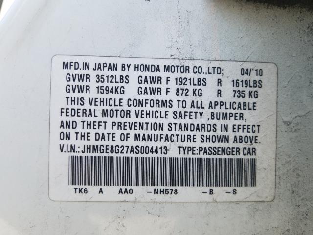 2010 HONDA FIT JHMGE8G27AS004413