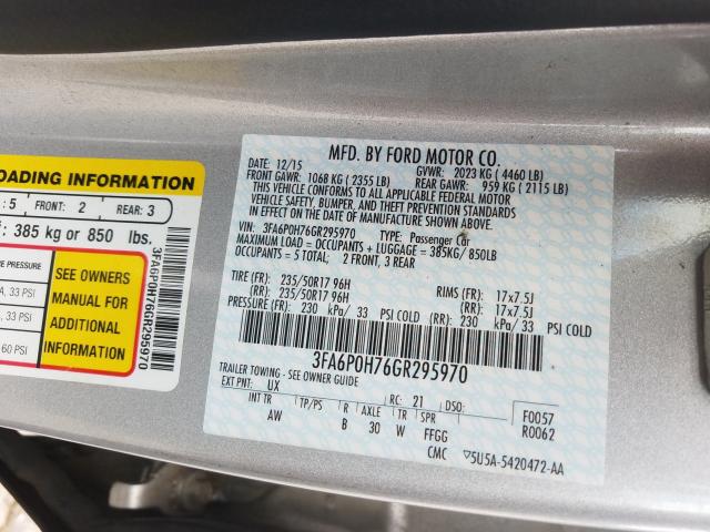 2016 FORD FUSION SE 3FA6P0H76GR295970