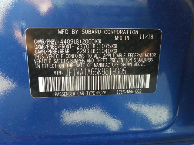 2019 SUBARU WRX JF1VA1A66K9819305