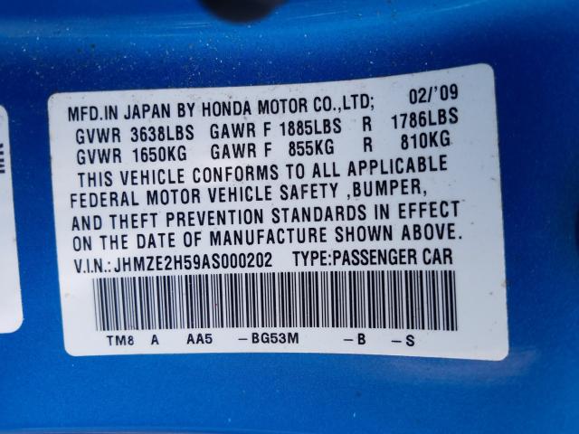 2010 HONDA INSIGHT LX JHMZE2H59AS000202