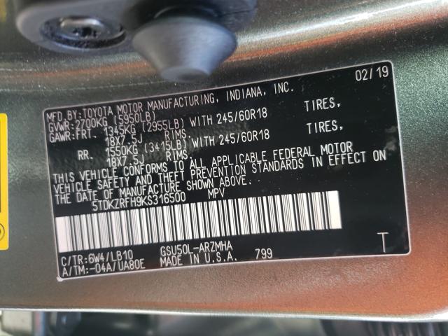 2019 TOYOTA HIGHLANDER 5TDKZRFH9KS316500