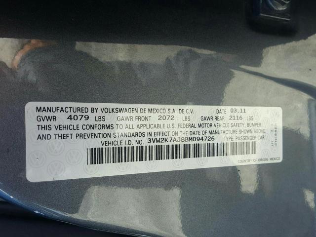 2011 VOLKSWAGEN JETTA BASE 3VW2K7AJ8BM094726