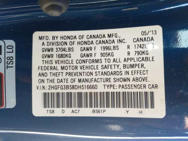 2013 HONDA CIVIC LX 2HGFG3B58DH516660