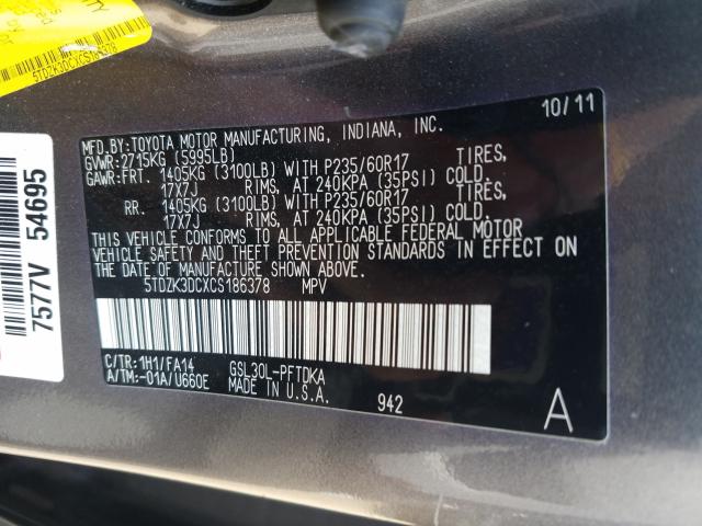 2012 TOYOTA SIENNA 5TDZK3DCXCS186378