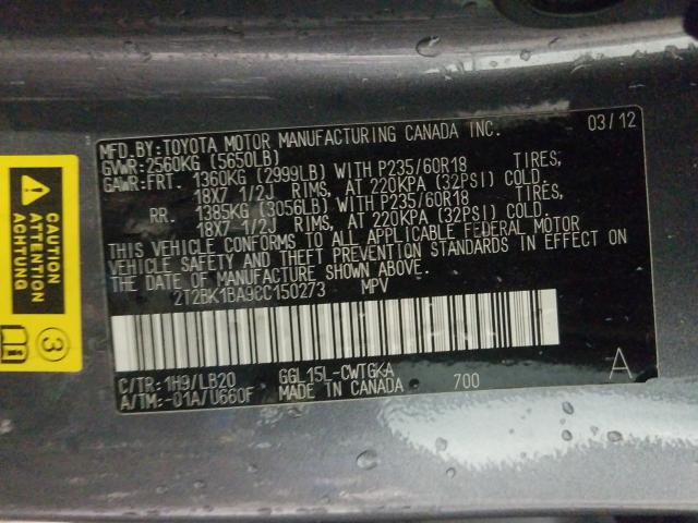 2012 LEXUS RX 350 2T2BK1BA9CC150273