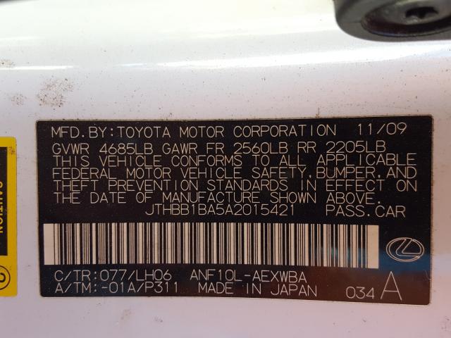 2010 LEXUS HS 250H JTHBB1BA5A2015421