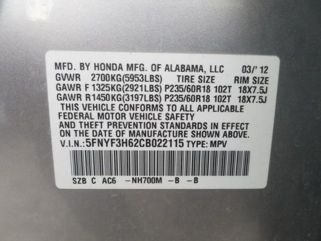 2012 HONDA PILOT EXL 5FNYF3H62CB022115