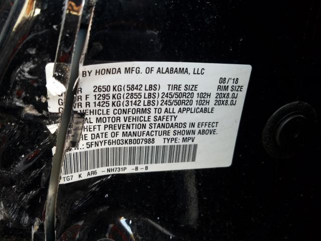 2019 HONDA PILOT ELIT 5FNYF6H03KB007988