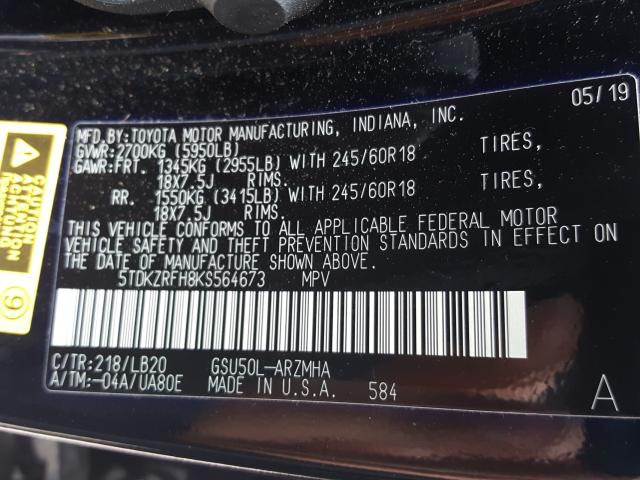 2019 TOYOTA HIGHLANDER 5TDKZRFH8KS564673