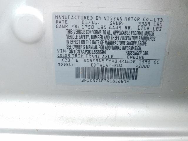 2016 NISSAN VERSA S 3N1CN7AP3GL858694