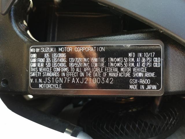 2018 SUZUKI GSX-R600 JS1GN7FAXJ2100342