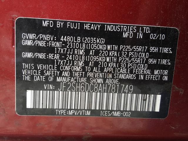 2010 SUBARU FORESTER JF2SH6DC8AH781749