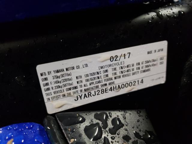 2017 YAMAHA R6 JYARJ28E4HA000214