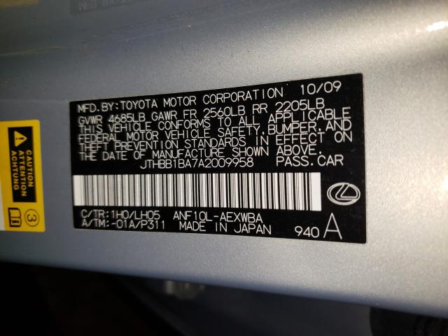 2010 LEXUS HS 250H JTHBB1BA7A2009958