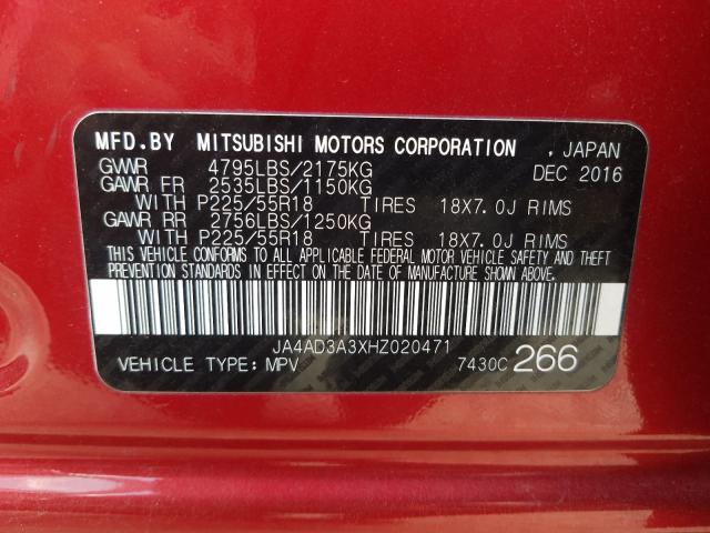 2017 MITSUBISHI OUTLANDER JA4AD3A3XHZ020471