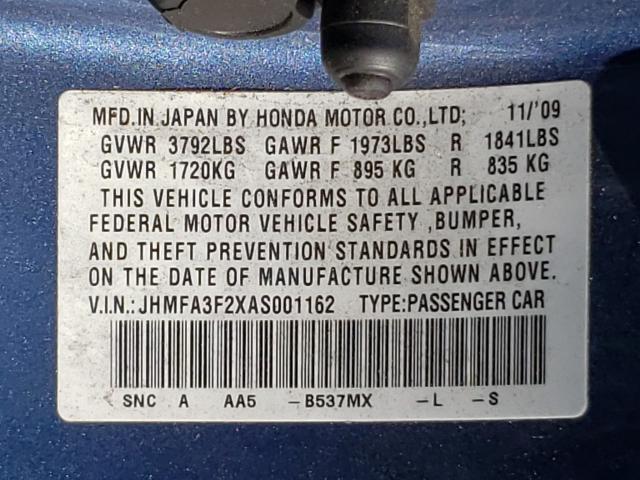2010 HONDA CIVIC HYBR JHMFA3F2XAS001162