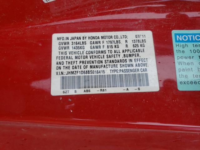 2011 HONDA CR-Z JHMZF1D68BS016415