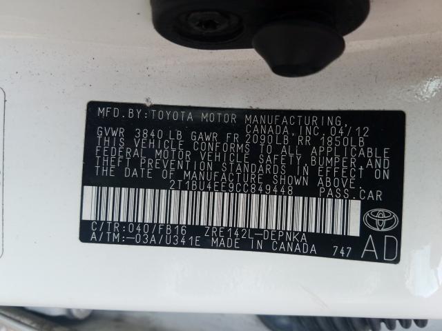 2012 TOYOTA COROLLA BA 2T1BU4EE9CC849448
