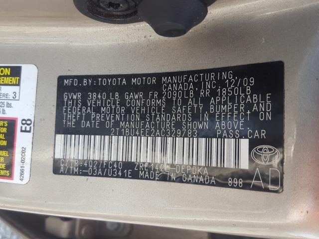 2010 TOYOTA COROLLA BA 2T1BU4EE2AC329783