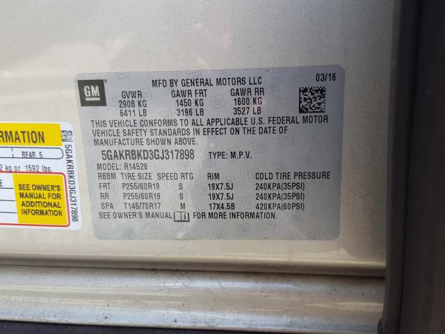 2016 BUICK ENCLAVE 5GAKRBKD3GJ317898