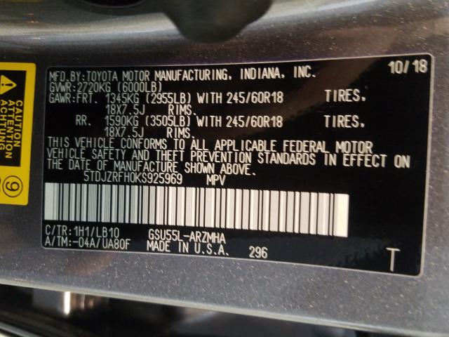 2019 TOYOTA HIGHLANDER 5TDJZRFH0KS925969