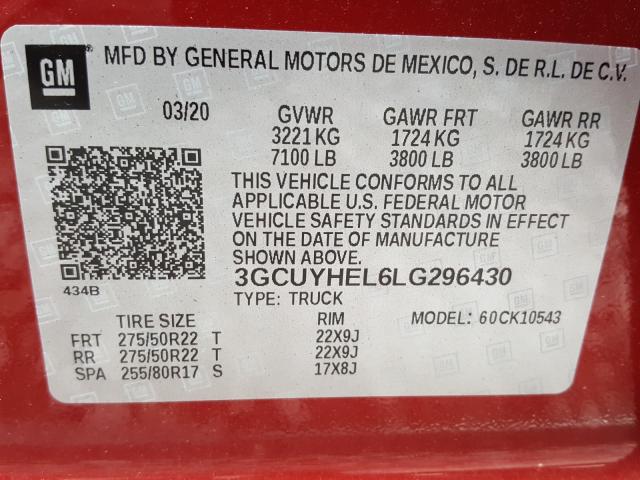 2020 CHEVROLET SILVERADO 3GCUYHEL6LG296430