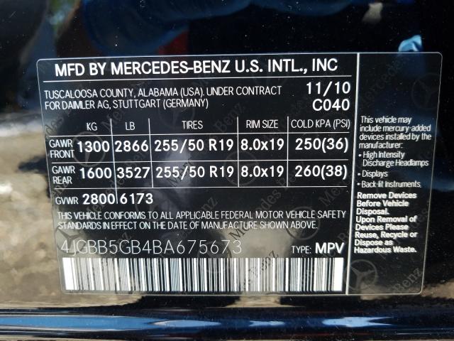 2011 MERCEDES-BENZ ML 350 4JGBB5GB4BA675673