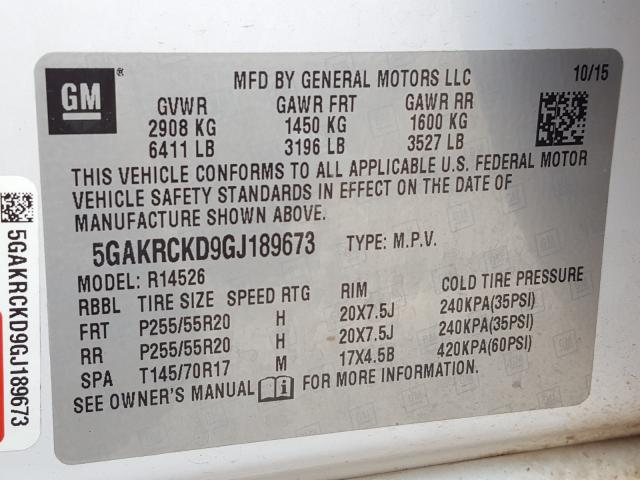 2016 BUICK ENCLAVE, 5GAKRCKD9GJ189673 - 10