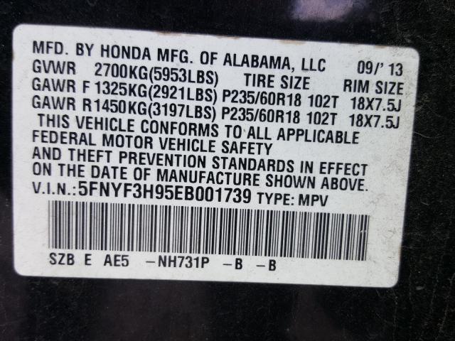 2014 HONDA PILOT TOUR 5FNYF3H95EB001739