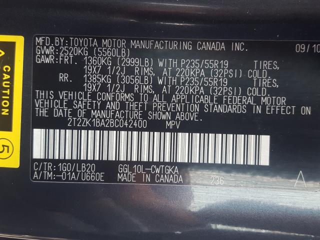 2011 LEXUS RX 350 2T2ZK1BA2BC042400
