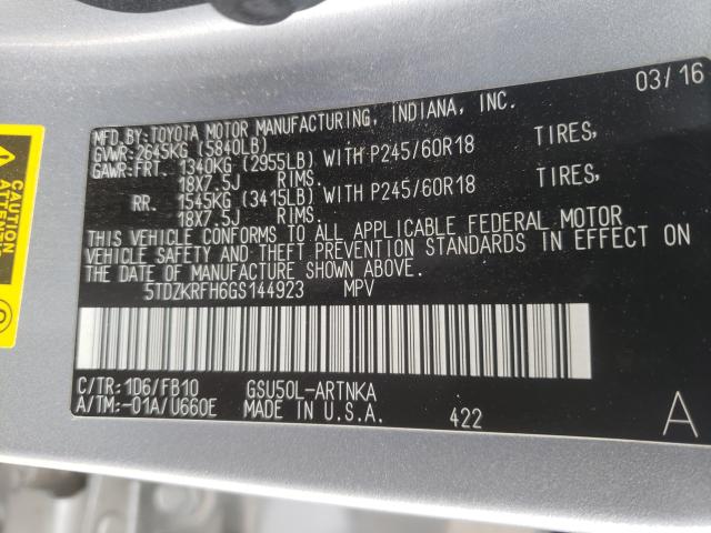 2016 TOYOTA HIGHLANDER 5TDZKRFH6GS144923