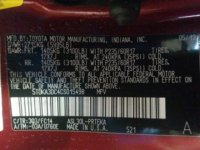 2012 TOYOTA SIENNA BAS 5TDKA3DC4CS015498