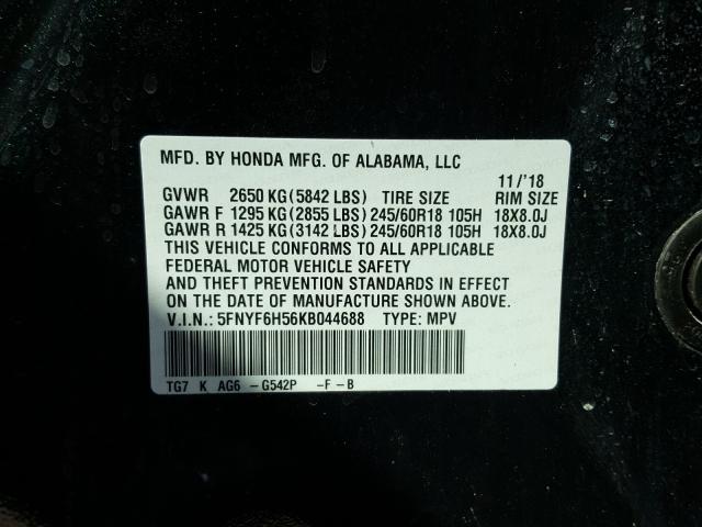 2019 HONDA PILOT EXL 5FNYF6H56KB044688