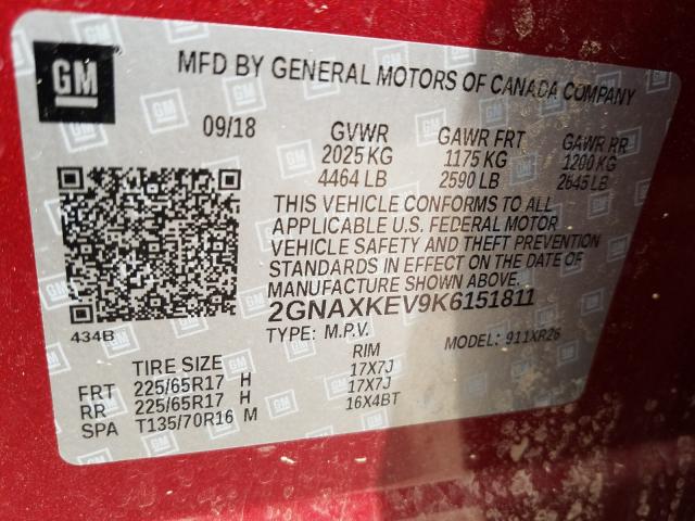 2019 CHEVROLET EQUINOX LT 2GNAXKEV9K6151811