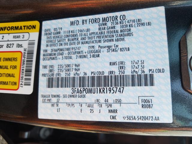 2019 FORD FUSION SEL 3FA6P0MU1KR195747