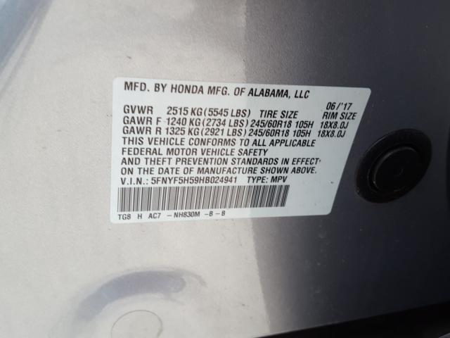 2017 HONDA PILOT EXL 5FNYF5H59HB024941