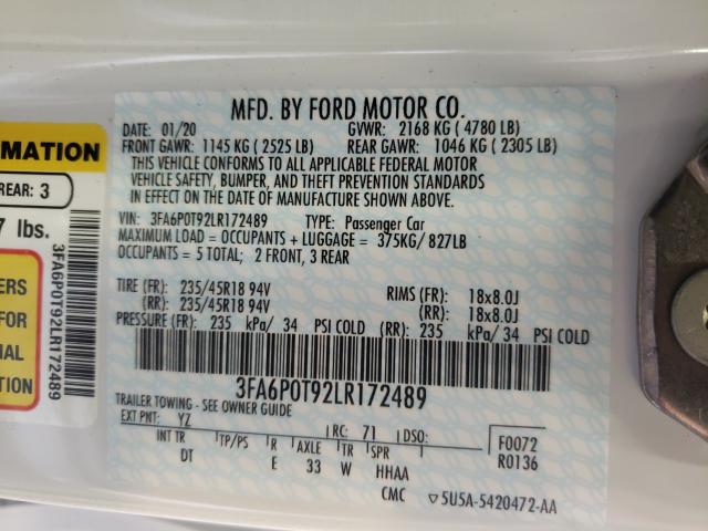 3FA6P0T92LR172489 2020 FORD FUSION - Image 10