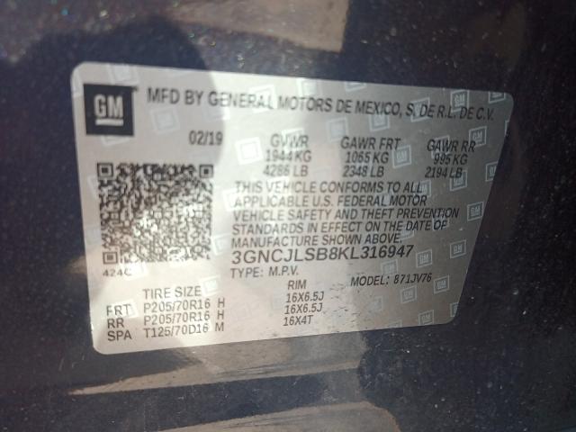 2019 CHEVROLET TRAX 1LT 3GNCJLSB8KL316947
