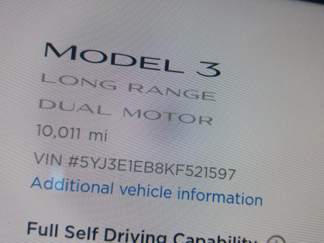 2019 TESLA MODEL 3 5YJ3E1EB8KF521597