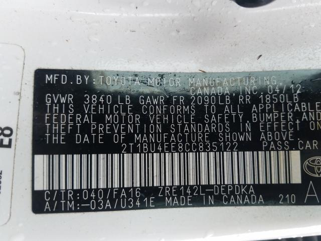 2012 TOYOTA COROLLA BA 2T1BU4EE8CC835122