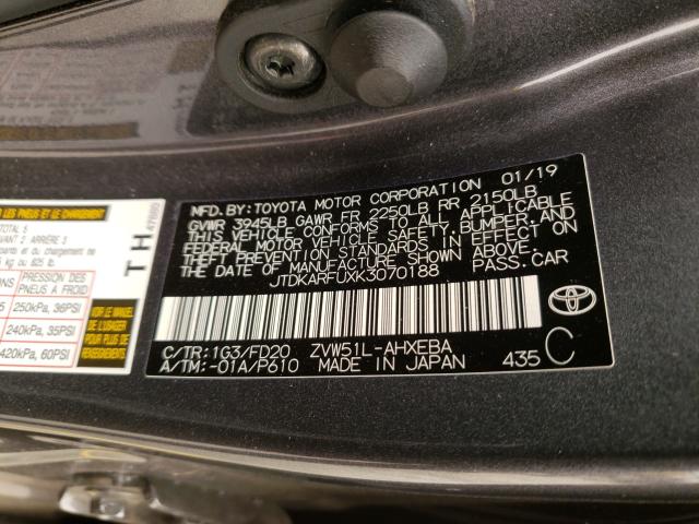 2019 TOYOTA PRIUS JTDKARFUXK3070188