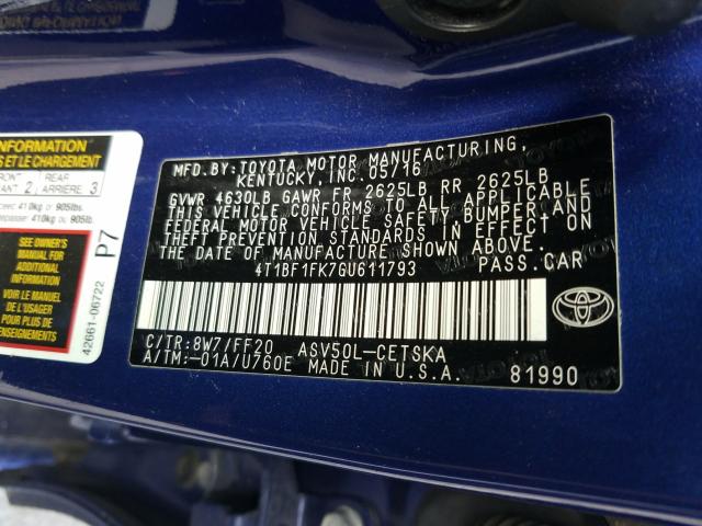 2016 TOYOTA CAMRY LE 4T1BF1FK7GU611793