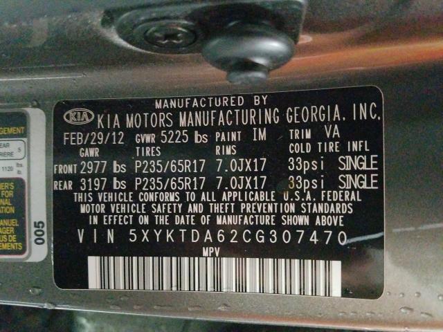 2012 KIA SORENTO BA 5XYKTDA62CG307470