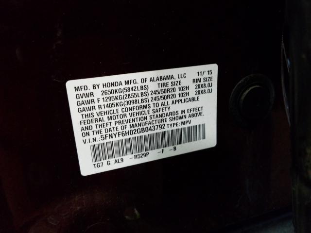 2016 HONDA PILOT ELIT 5FNYF6H02GB043792