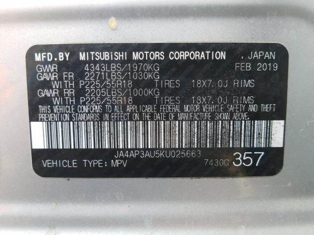 2019 MITSUBISHI OUTLANDER JA4AP3AU5KU025663