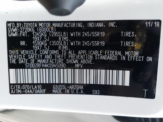 2019 TOYOTA HIGHLANDER 5TDDZRFH4KS945090