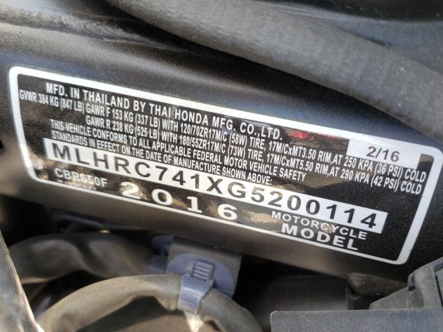 2016 HONDA CBR650 F MLHRC741XG5200114
